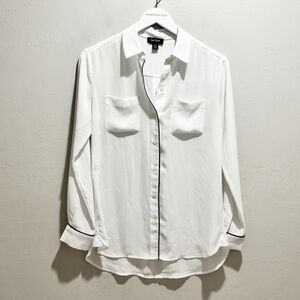 LORD & TAYLOR Women’s Whit Black Contrast Piping Button Front Blouse Pocket XS
